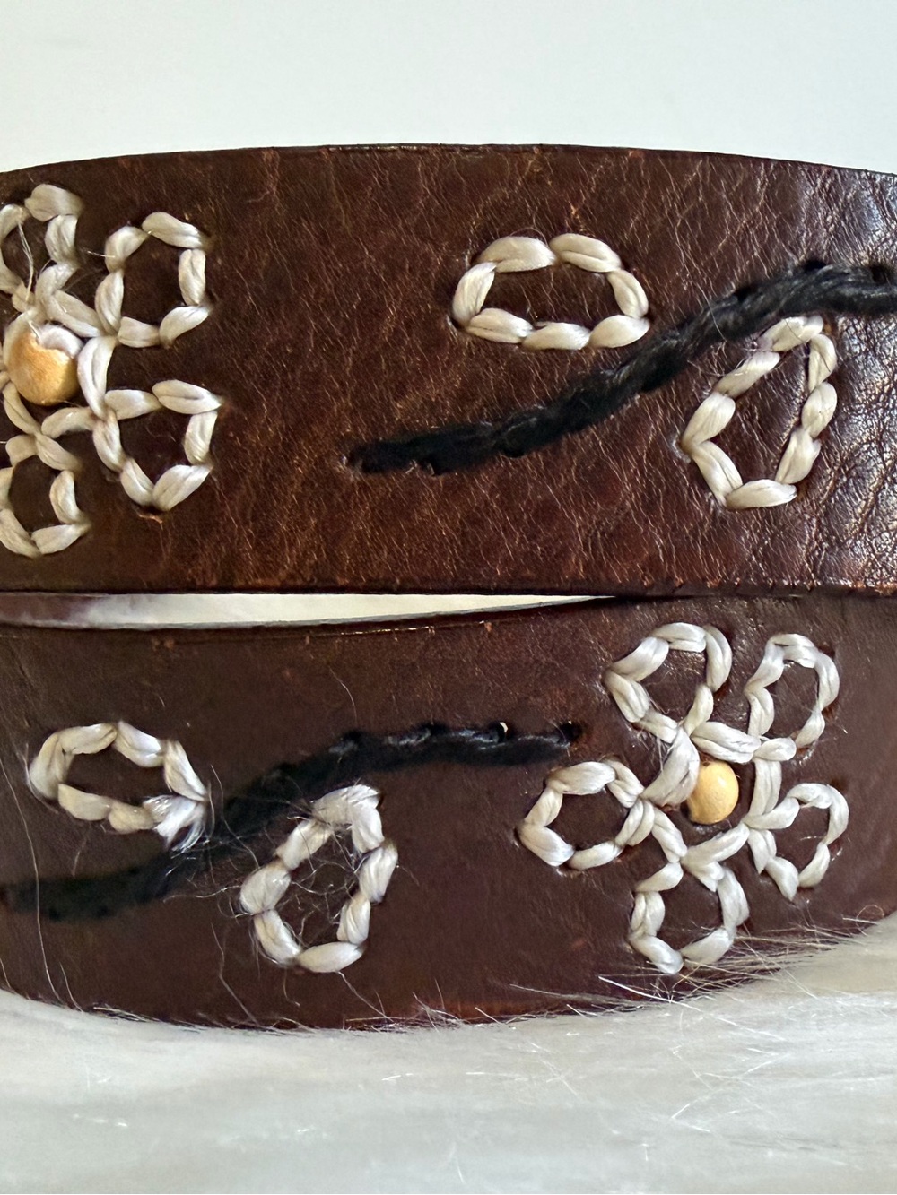 Woolrich Italian Full Grain Leather Belt with floral design and brass buckle